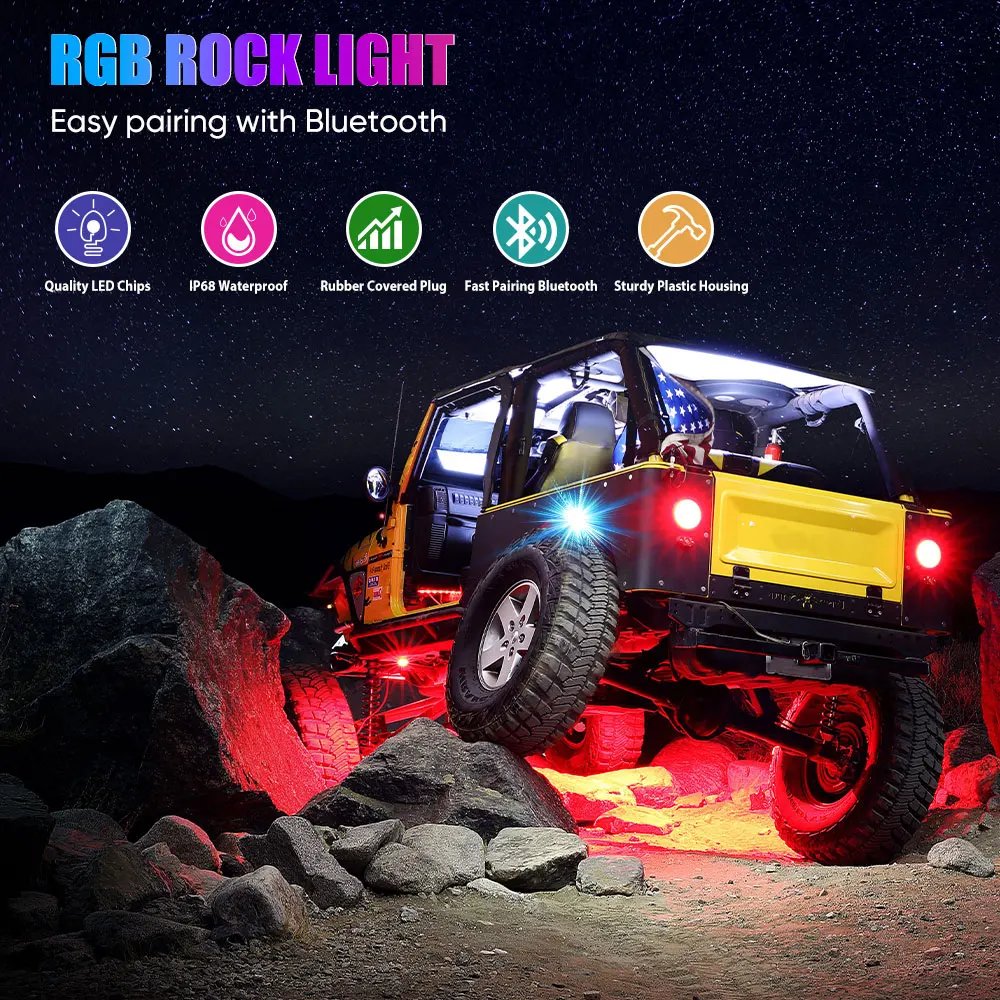 Honalia RGB Car Rock Lights 4/6/8/12 Pods APP & RF Control Neon Underglow Trail Rig Light For Offroad Truck SUV 4x4 ATV Jeep