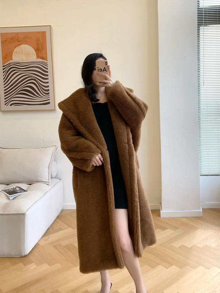 1951 Commemorative Edition Two Sides Wear Teddy Bear Long Tobacco Fur Coat Silhouette Female Elegance Delicate Temperament