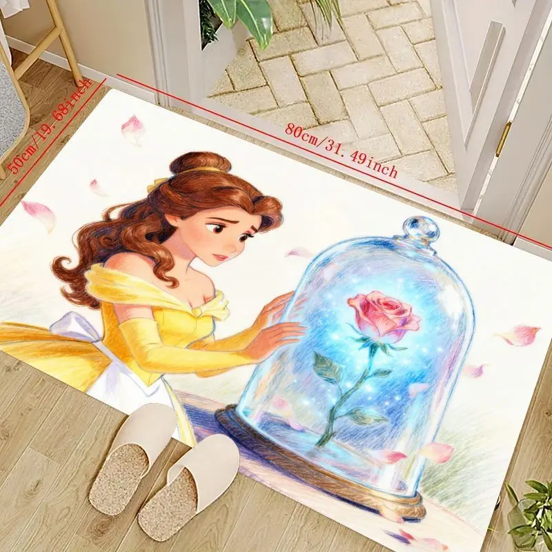 

1 шт. Коврик для пола Disney Princess Belle и Enchanted Rose, 50x80 см / 19,68x31,49 дюйма, мягкий нескользящий моющийся коврик, мультяшная красота