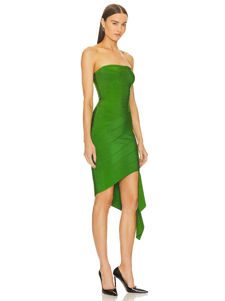 

Sexy Strapless Irregular Draped Bandage Dress for Women - Green Sleeveless Backless Asymmetric Bodycon Evening Party Celebrity