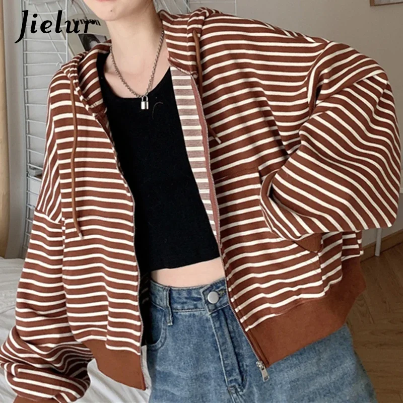 Jielur Casual Loose Brown Zipper Outerwear Sweatshirt Long-sleeved Striped Pullovers Female Autumn Winter Fashion Drawstring Top