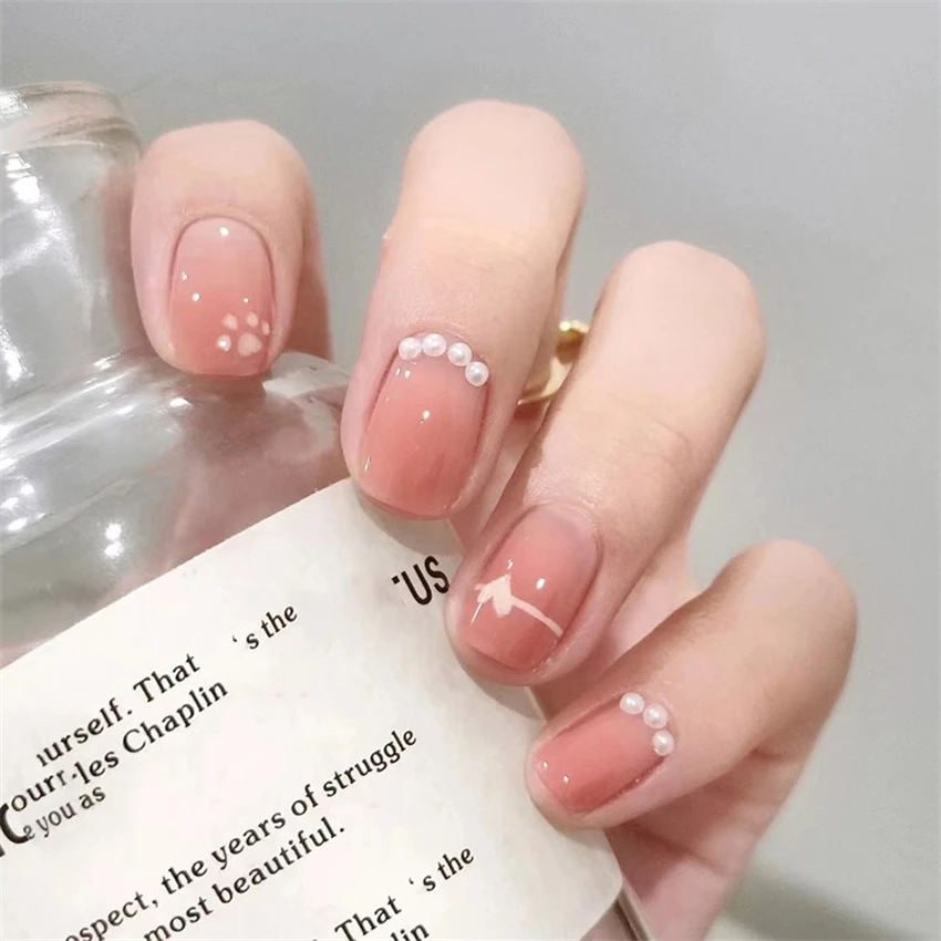 24Pcs/Set Pearl Drilling Square Wearing False Nails Repeated Use Press on Nail Tips Gradient Color Halo Explosion Fake Nails Art