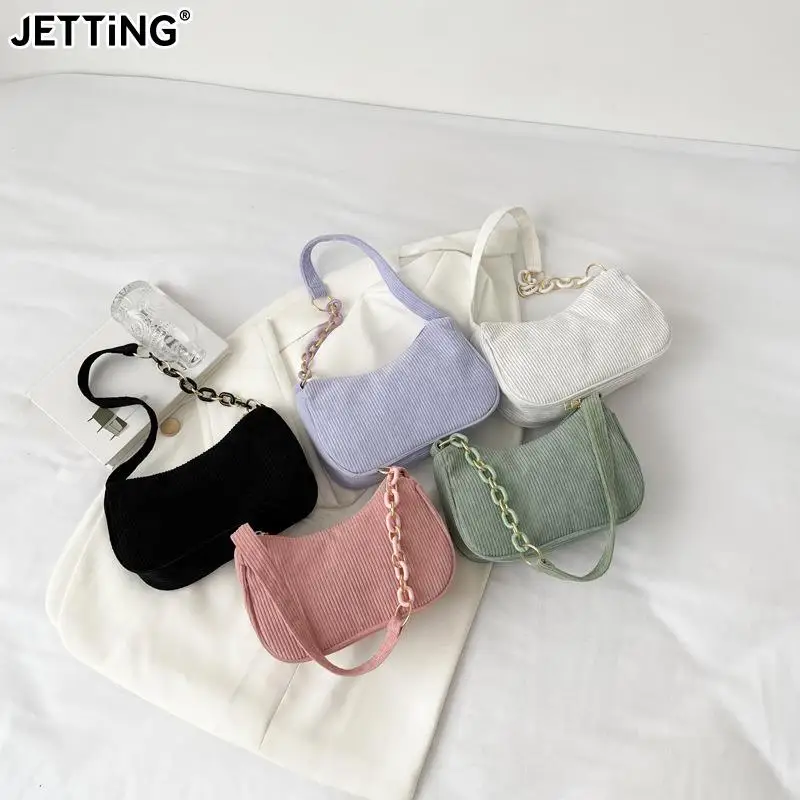 

New Fashion Vintage Women Handbags Corduroy Underarm Bag Casual Women Shoulder Bags Solid Color Zipper Female Handbag Clutch