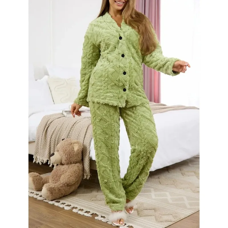 

Coral Fleece Pajamas Fall Winter Flannel Cardigan Loungewear Women Outdoor Wear Two Piece Set