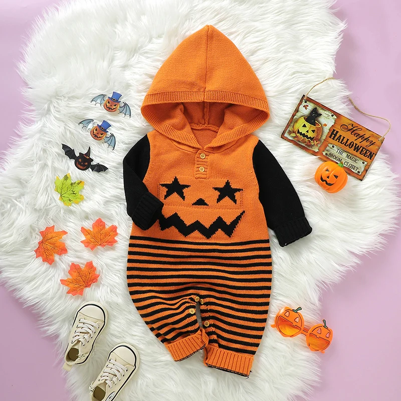 

Newborn Baby Halloween Costuems Orange Hooded Long Sleeve Infant Children Boys Girls Knitted Rompers Jumpsuits One Piece Outfits