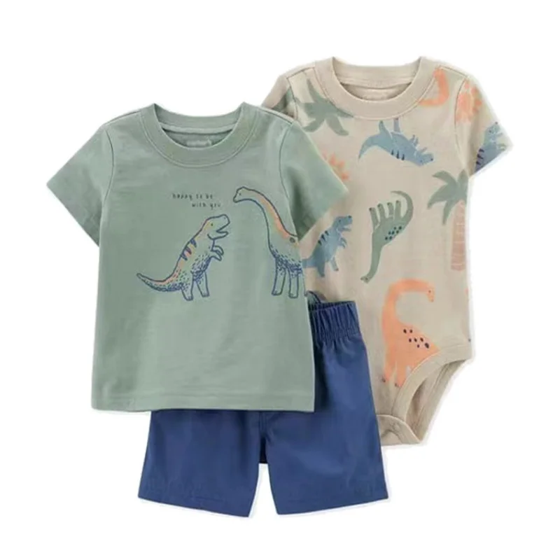 Baby Boy Clothes Set Summer Kids Cute Cartoon Dinosaur 100% Cotton Clothing Casual T-Shirt Toddler Short Bodysuit 3-piece Outfit