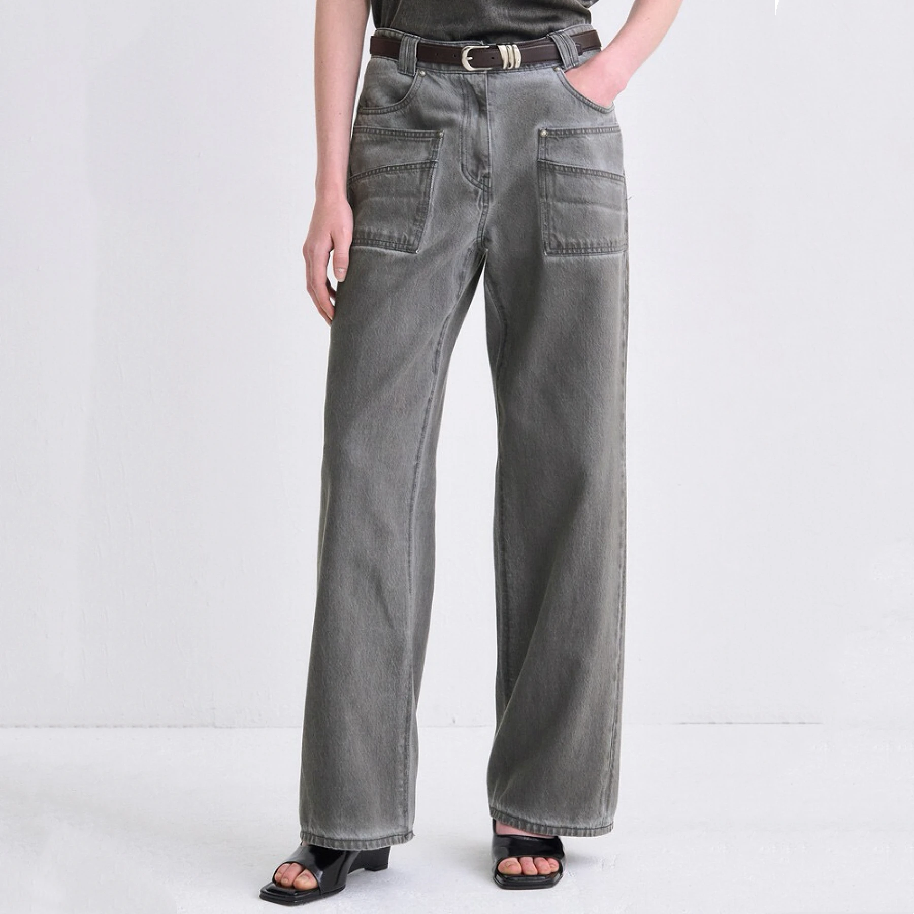 Tim25 Lemon Cheese 2025 Autumn Commuter Casual Straight Leg Long Pants Belted Versatile Loose Fit Natural Waist No Stretch