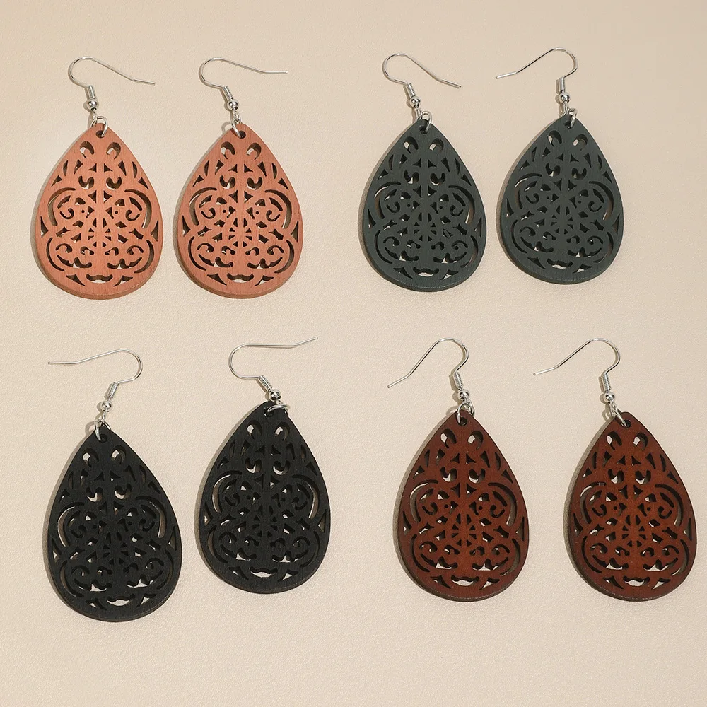 Wooden retro bohemian hollow carved earrings earrings, ethnic style earrings 4 pairs of four-piece set