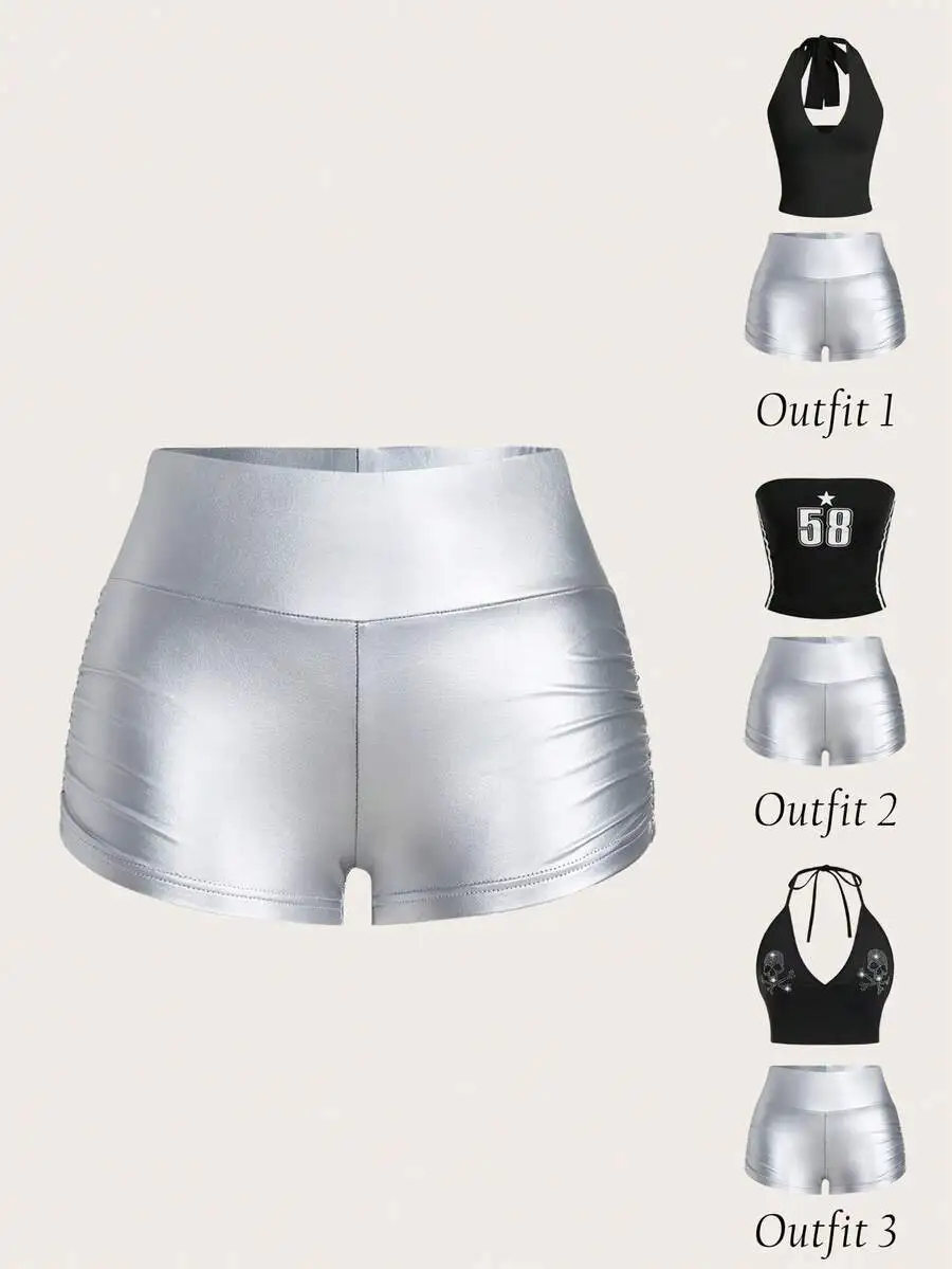 

Womens Ruched High Waist Metallic Shorts Solid Color