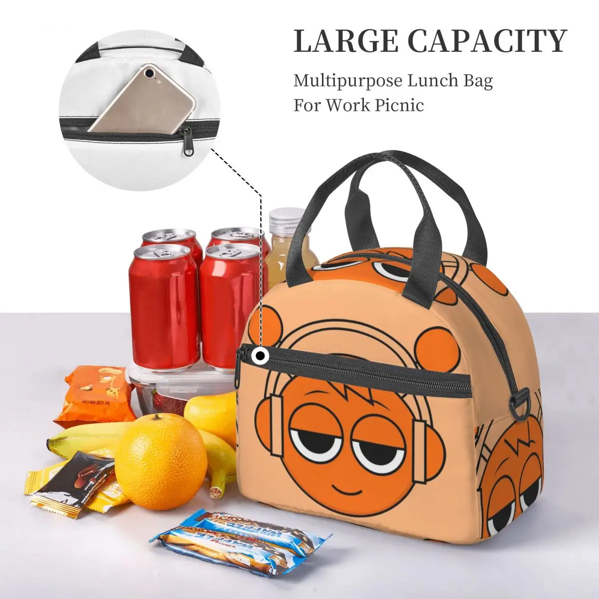Orange Head Incredibox Sprunki Insulated Lunch Bag With Adjustable Shoulder Strap Funny Game Food Bag Thermal Cooler Bento Box