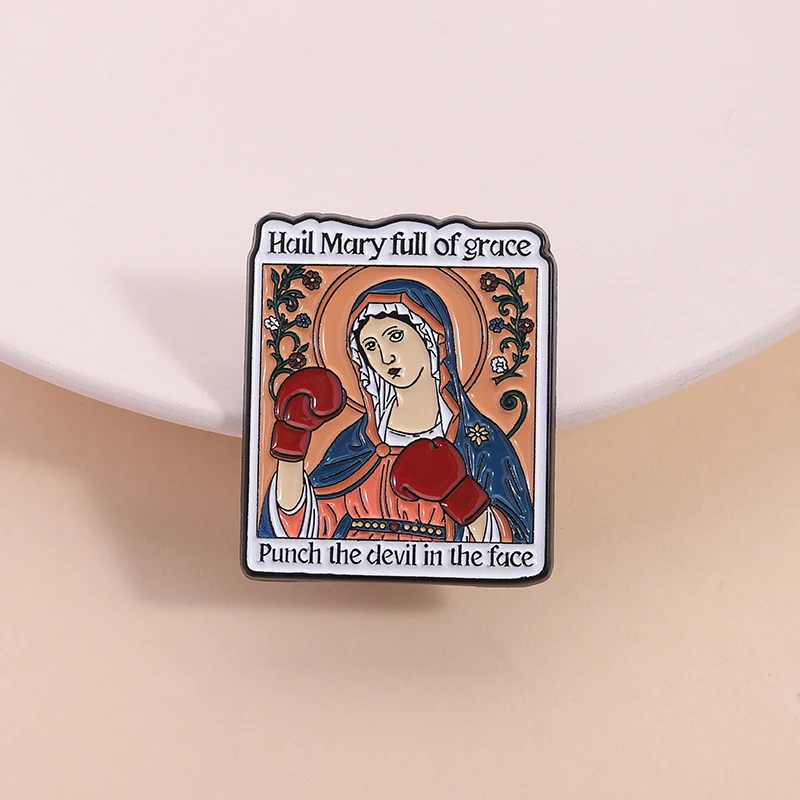 Hail Mary Full of Grace Punch the Devil in the Face Enamel Pin Virgin Mary Donning Boxing Gloves Catholic Badge Jewelry Gifts