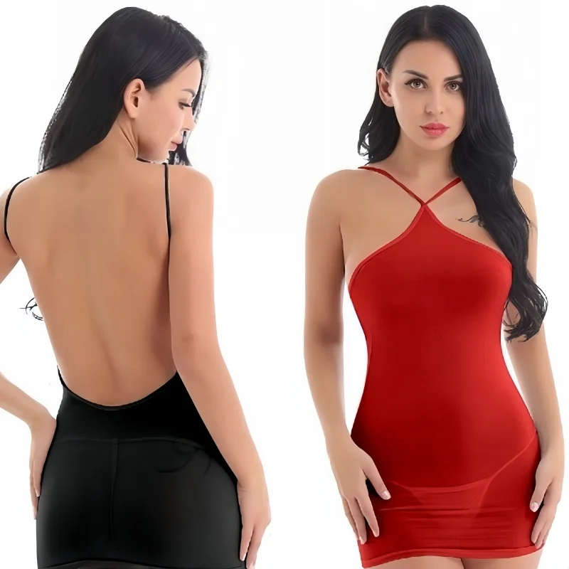 FREEAUCE Sexy Backless Bodycon One-piece for Womens Halter Wrap Hips See Through Short Mini Dress Night Club Wear Party Summer