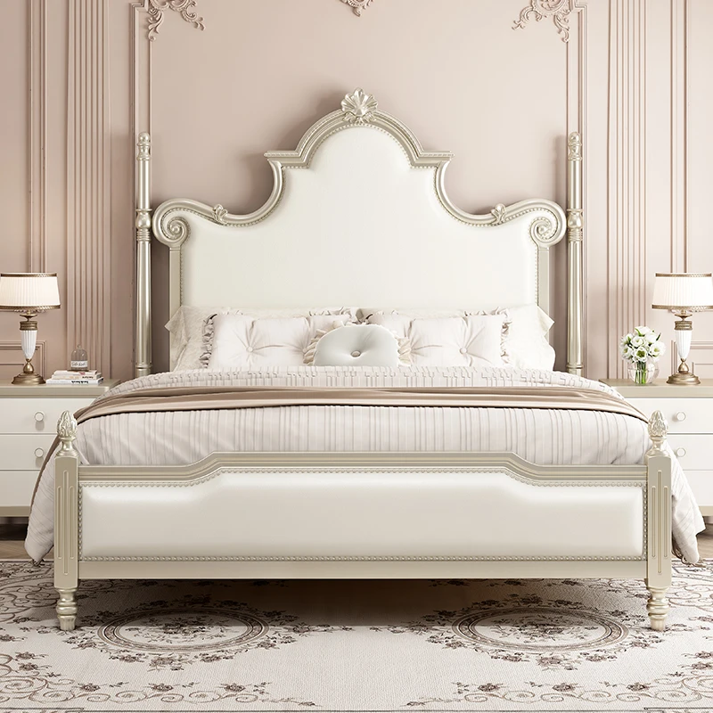 French Princess Luxury Bed Elegant Pretty Gold Queen Size Double Bed Leather Villa Camas De Dormitorio Bedroom Set Furniture