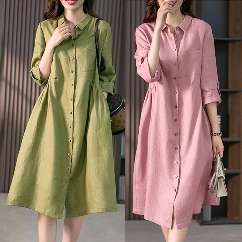 2026 Summer New Korean Style Loose Solid Color Cotton Linen Three-Quarter Sleeve Women's Mid-Length Shirt Dress