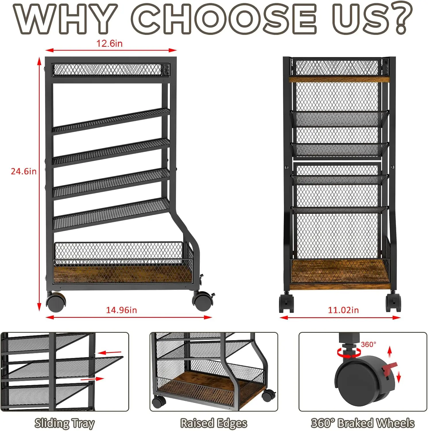 عربة ملفات رفيعة مكونة من 6 طبقات مع عجلات، منظم تحت المكتب لتخزين المكتب والمنزل
