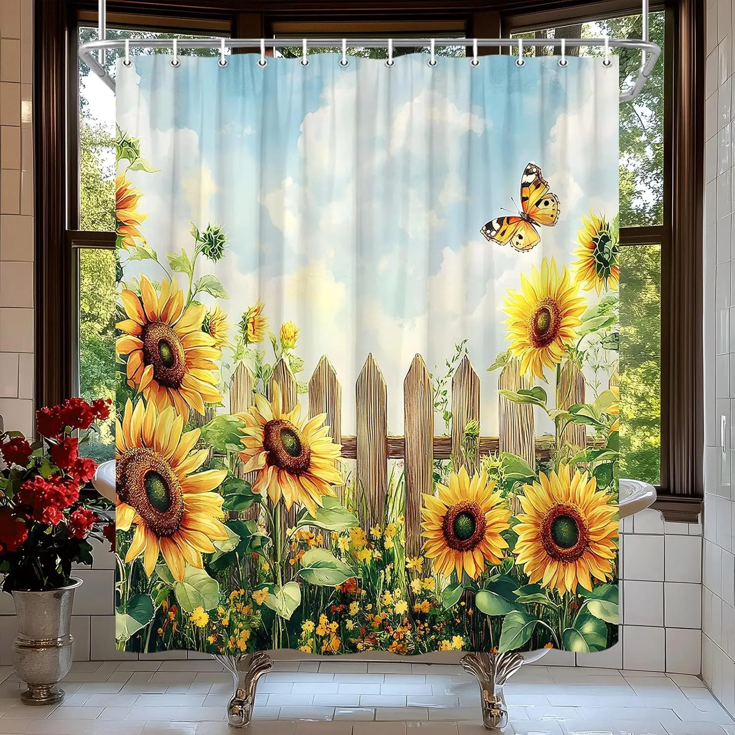 

Sunflower Garden Shower Curtain Farmhouse Yellow Floral Green Leaves Butterfly Rustic Wooden Fence Watercolor Wildflower Bath