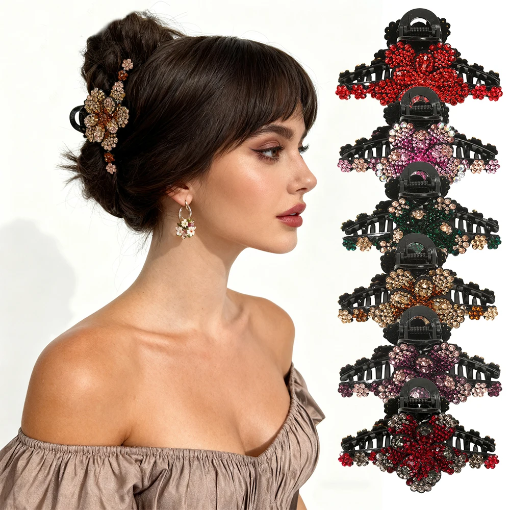 

AWAYTR Vintage Crystal Peony Hair Claw Colorful Rhinestone Women Crab Clamp Barrettes Hair Clip Shark Clip Hair Accessories