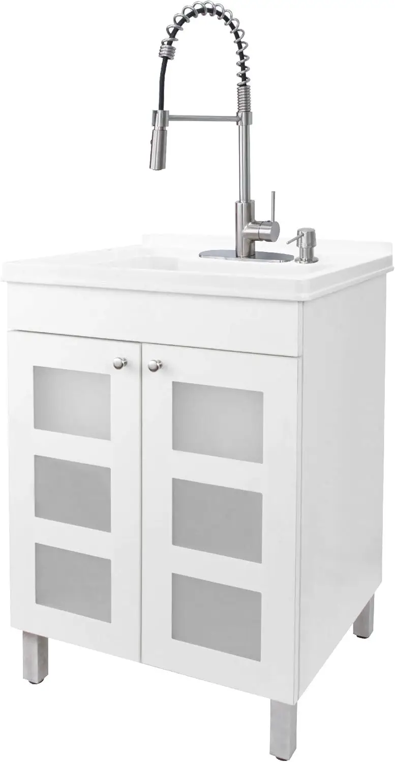 White Utility Sink In White Vanity, Stainless Steel Pull-Down Coil Faucet, Soap Dispenser And Spacious Cabinet By Js Jackson