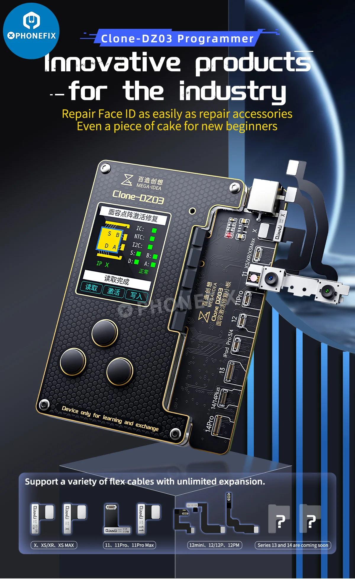 Programador QIANLI MEGA-IDEA Clone DZ03 para iPhone X 11 12 13 14 Pro Max Face ID Cable flexible de reparación de matriz de puntos sin necesidad de desmontaje