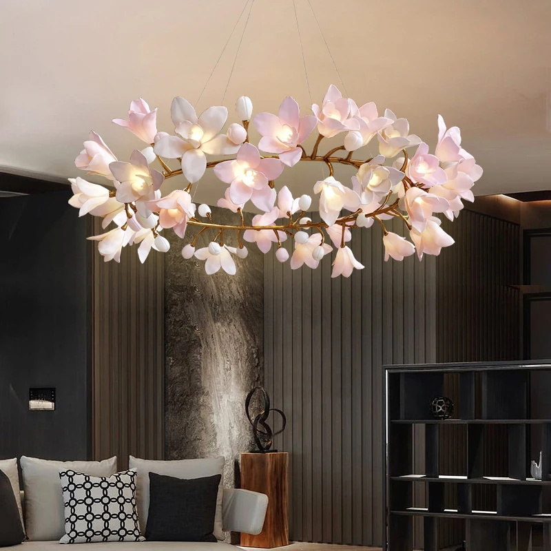 

French Pink Flower Pendant Chandelier For Living Room Kitchen Island Copper Iron Branches Round Flower Pendant Light Fixture