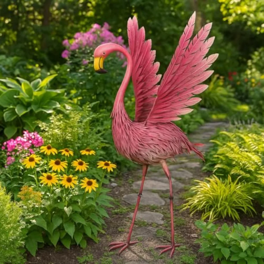 Metal Statue Handcrafted Outdoor Garden Bird Decor Weather-Resistant Pink Yard Ornament for Patio, Lawn, or Porch 46-Inch Wings
