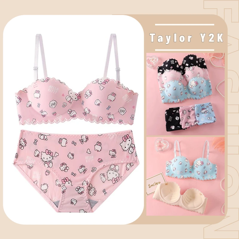 Sanrio Hello Kitty Underpants Anime Figure Y2K Sweet Girl Underwear Pants Cartoon Kawaii Chest Gathering Traceless Women Bra Set