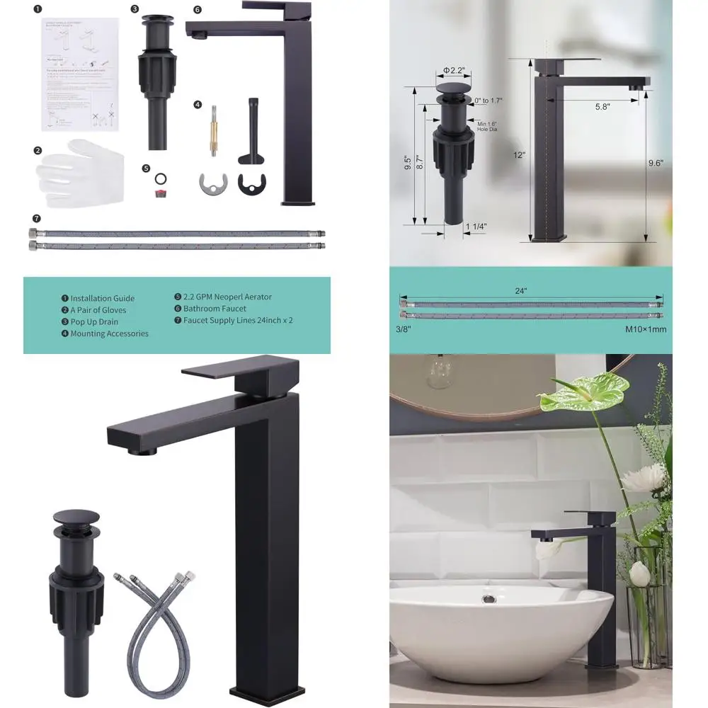

Oil Rubbed Bronze Single Handle Tall Bathroom Sink Faucet with Pop-Up Drain and Supply Lines