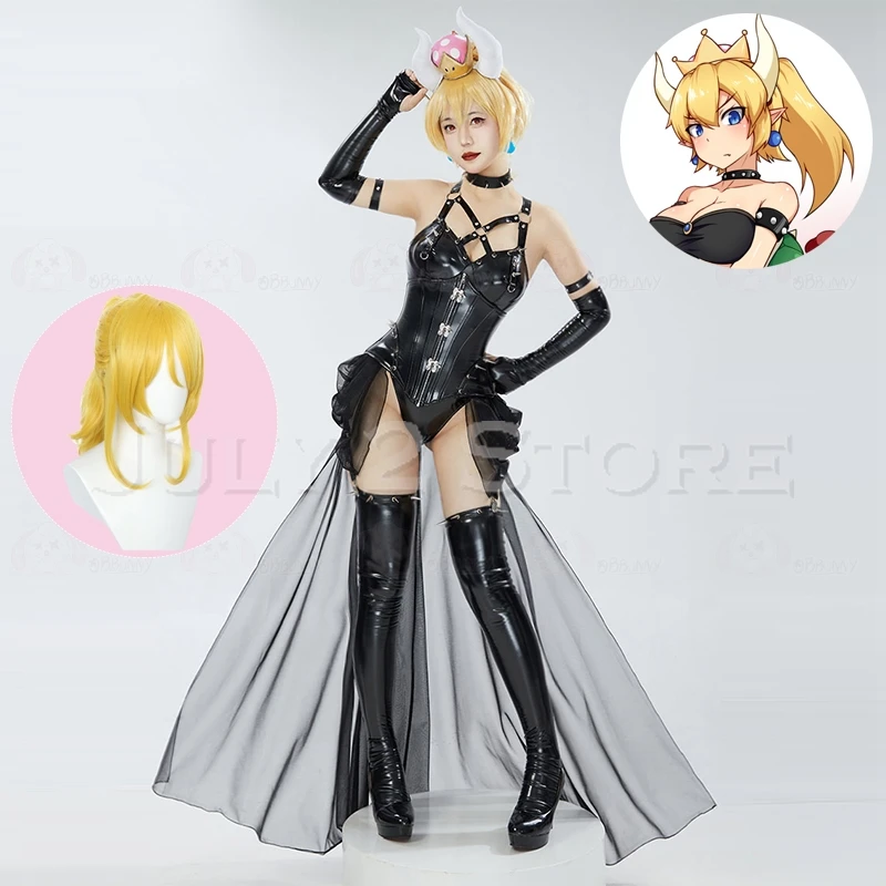 Women Black Princess Suit Cosplay Sexy Bowsette Doujin Peach Cosplay Costume Cute Party Halloween Latex Suit Anime Dress