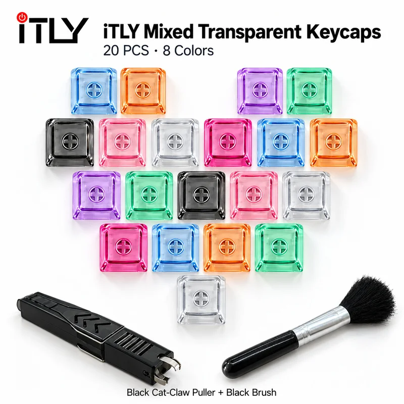 20Pcs ITLY Transparent Keycaps PC Material For Mechanical MX Keyboard, Include Cat‑Claw Puller And Cleaning Brush DIY Custom Kit