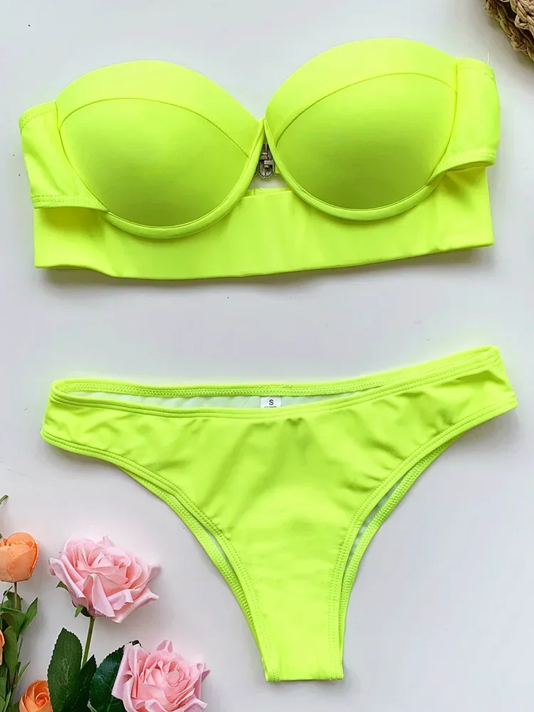 Sexy Neon Green Push Up Bra Cup Bikini Women Bandeau Swimsuit Female Swimwear Two Pieces Bikini Set Brazilian Bathing Suit Swim