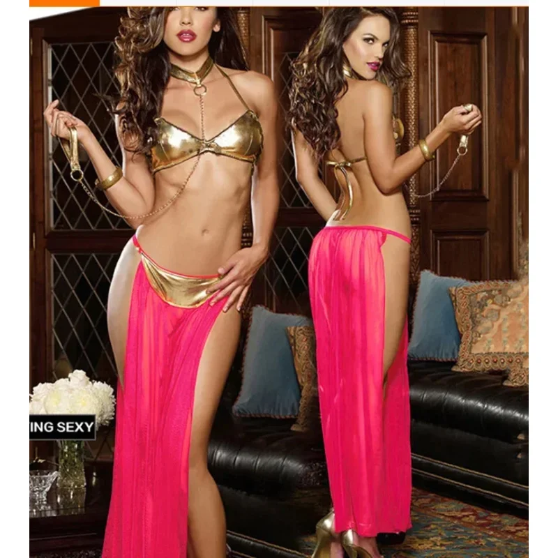 레아 공주 노예 의상 드레스 섹시한 아랍 벨리 댄스 복장 목 체인 브래지어 + 스커트 유니폼 할로윈 코스프레 의상 정장