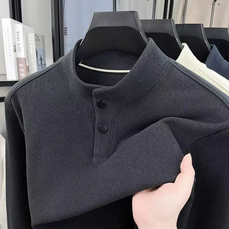 Men's Double-sided Velvet Sweatshirt Stand Collar Solid Color Button Warm Pullovers Casual Comfort Outdoor Loose Sweatshirts
