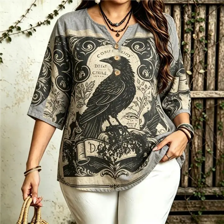 Plus Size Women Halloween Blouse 3/4 Sleeve Vintage Castle Crow Pumpkin Print V‑Neck Half Button Tops
