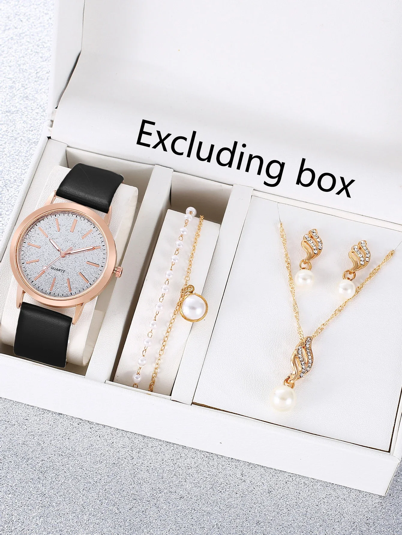 5Pcs Women Watch Jewelry Set, Glitter Dial Black Leather Quartz Watch + Pearl Inlaid Necklace Earrings Bracelet Gift Kit