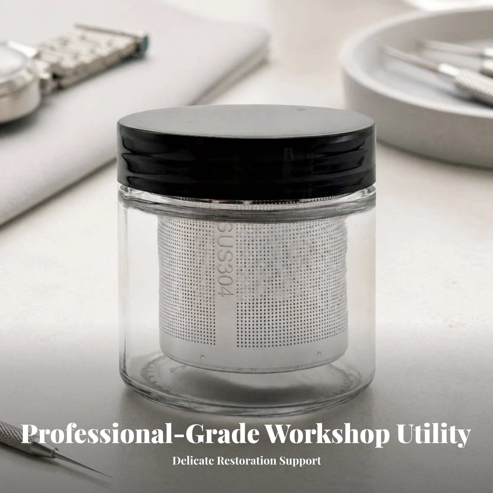 Watch Parts Cleaning Jar Stainless Steel Jewelry Cleaner Jar with Strainer Watch Parts Cleaning Cup with Basket Clear Glass
