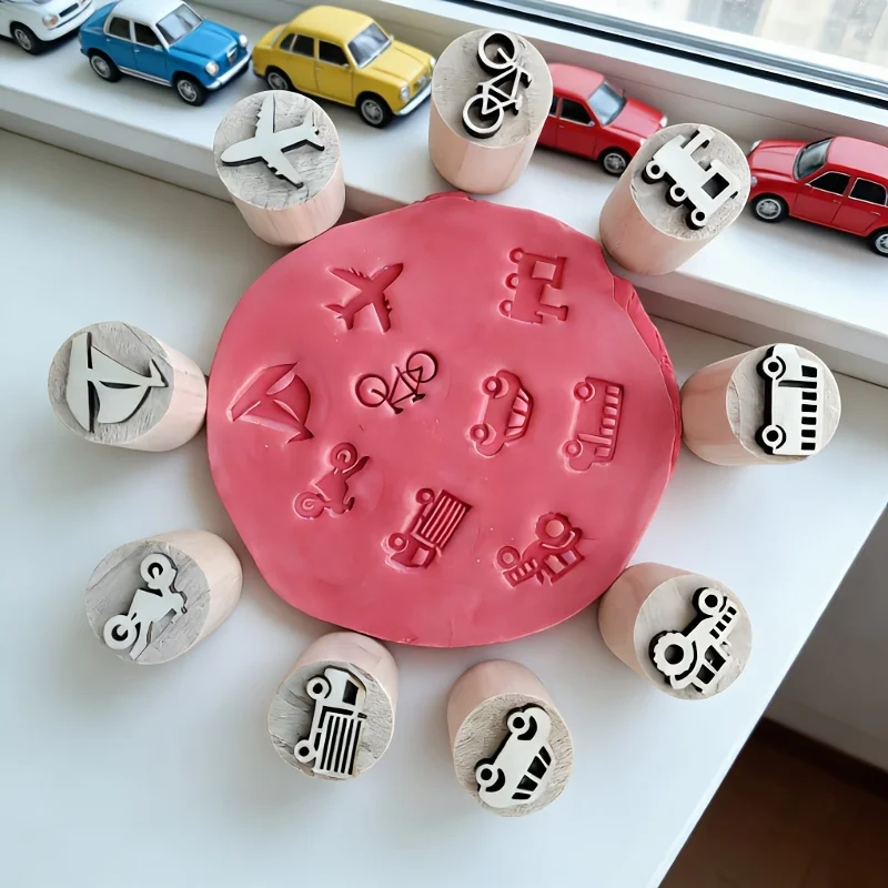 9Pcs Wooden Transportation Sensory Seal Stamps  Vehicle Themed Play Dough Stamps for Learning Gifts & DIY Crafts