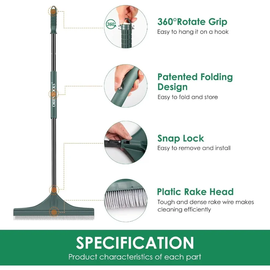 أداة العناية بالعشب الاصطناعي القابلة للطي من ORIENTOOLS مقاس 51 بوصة بمقبض فولاذي لتنظيف الأوراق وشعر الحيوانات الأليفة من Gr الاصطناعي
