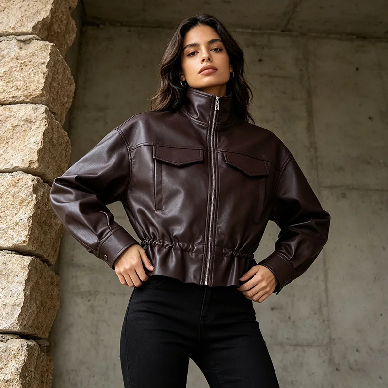 Elegant And Trend Women's Leather Jacket, 2026 Autumn. New Style, Fashionable And Unique, With A Stand-up Necklace Solid Color.