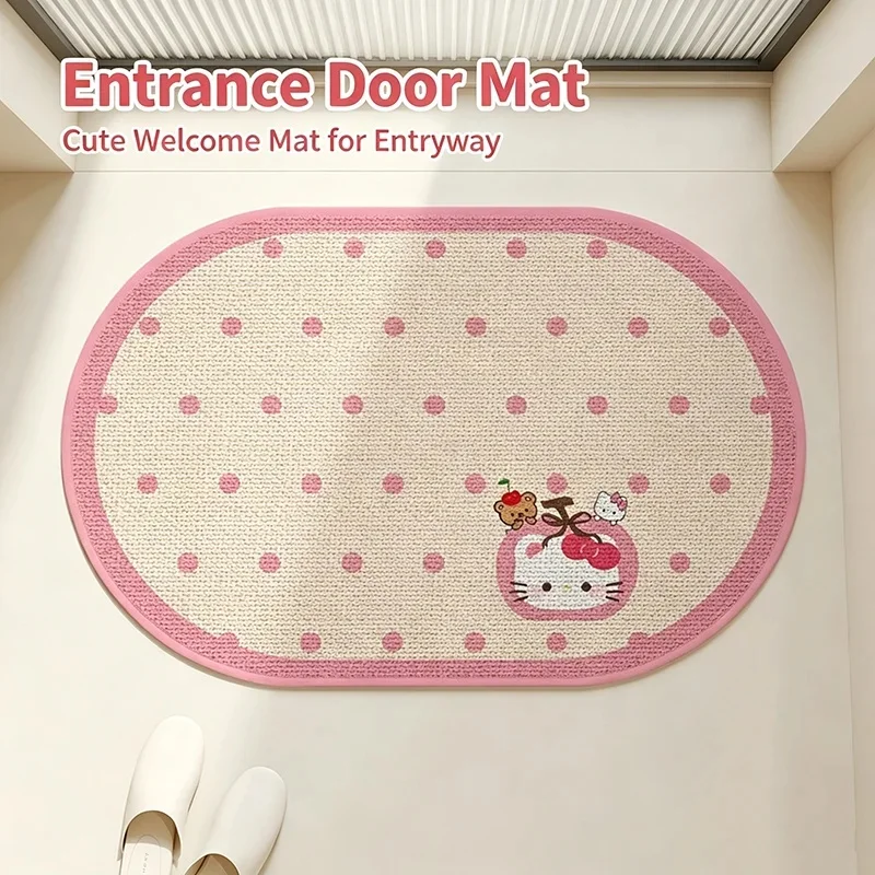 Pink Border Polka Dot Hello Kitty Bath Mat Oval Shape Cartoon Print Non Slip Entryway Rug Indoor Entrance Doormat For Girls