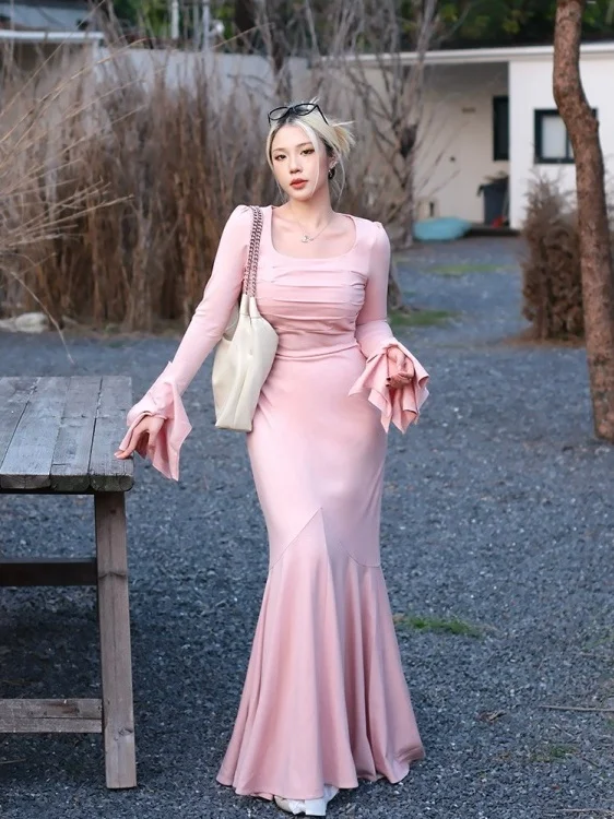 

Ele plus Size Women's Long Sve Dr Pink Fi Tail Skirt Two Piece Set High Waist Slimming Advanced Feeling Square Co...