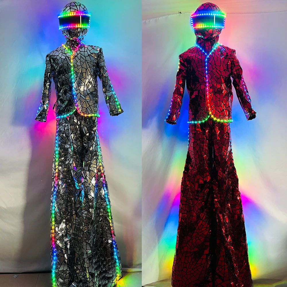 

Silver Similar Mirror Material Stilts Walker LED Robot Costume Stage Show DJ Dancing Clothes Giant Mirror Men Clothing Red