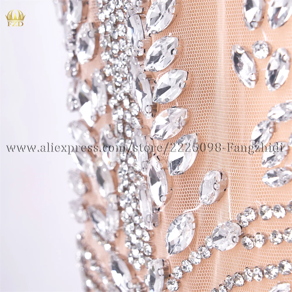 FZD Silver Appliques Embroidery Patches for Cloth Crystal Rhinestone Iron on Patch Handsewn Rhinestone Wedding Dress Appliques