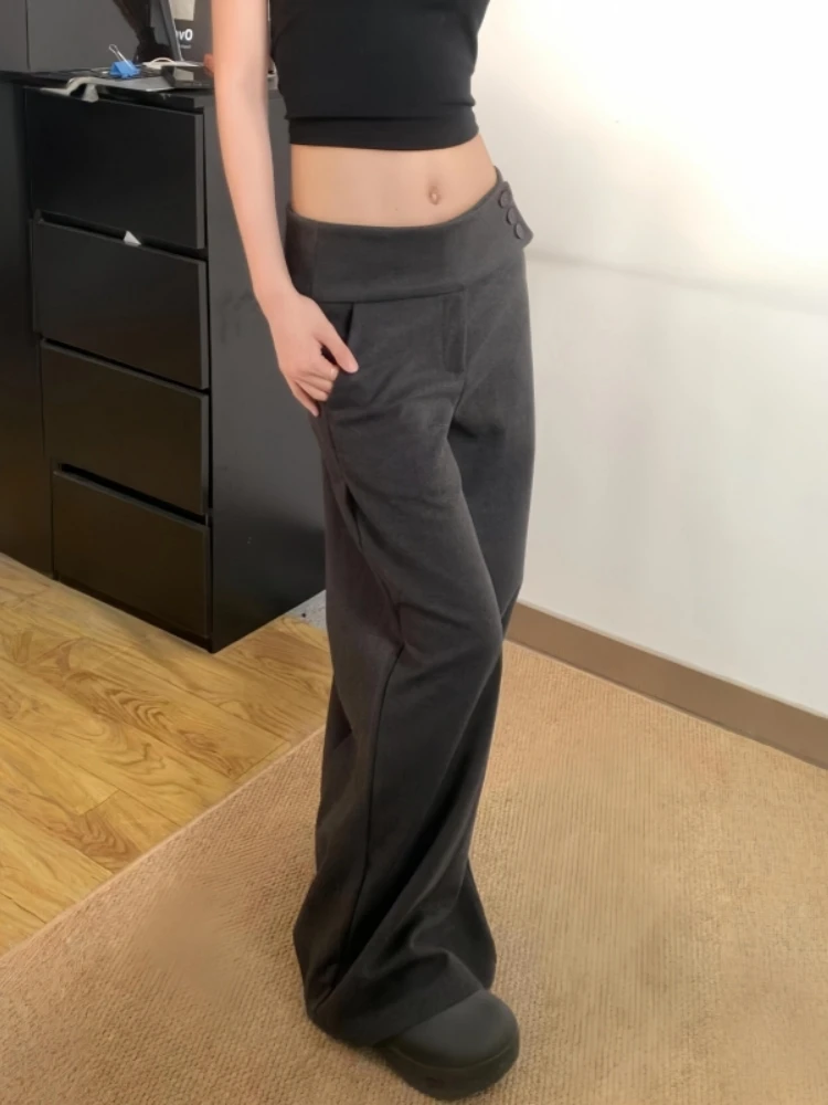 

Deep ey Woolen Button Wide Leg Suit Pants Women's High Waist Slimming Lazy Sle Drapey Casual Straight Leg Trousers