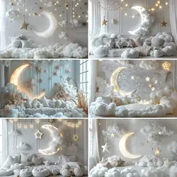 White wall moon stars cotton theme background, baby shower birthday party pregnant woman photo background interior decor Props