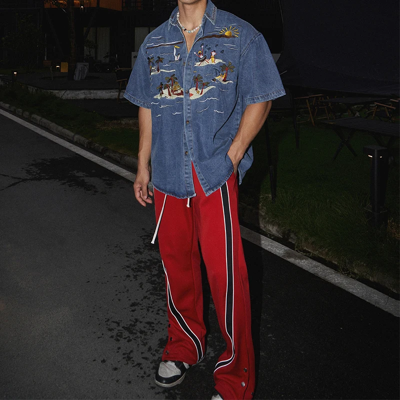 Casual Short Sleeve Denim Shirts For Mens Spring Summer Stylish Embroidery Denim Tops Men Vintage Button Turn-down Collar Shirt