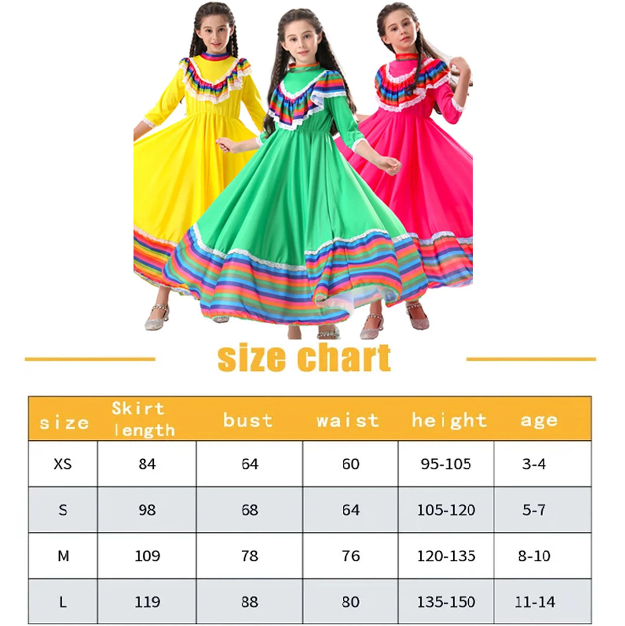 สาวพื้นบ้านแบบดั้งเดิมเม็กซิกันการแสดงบนเวทีชุด 5 พฤษภาคมฉลองเทศกาลเม็กซิกันยาวชุดเต้นรําแกว่งกว้าง