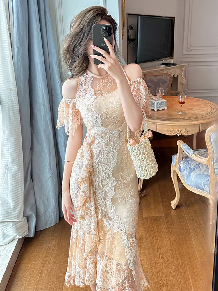 Vêtements pour femmes Robe Socialite élégante dame Sexy broderie volants épaules nues queue de poisson Robe Feminino fête bal robes
