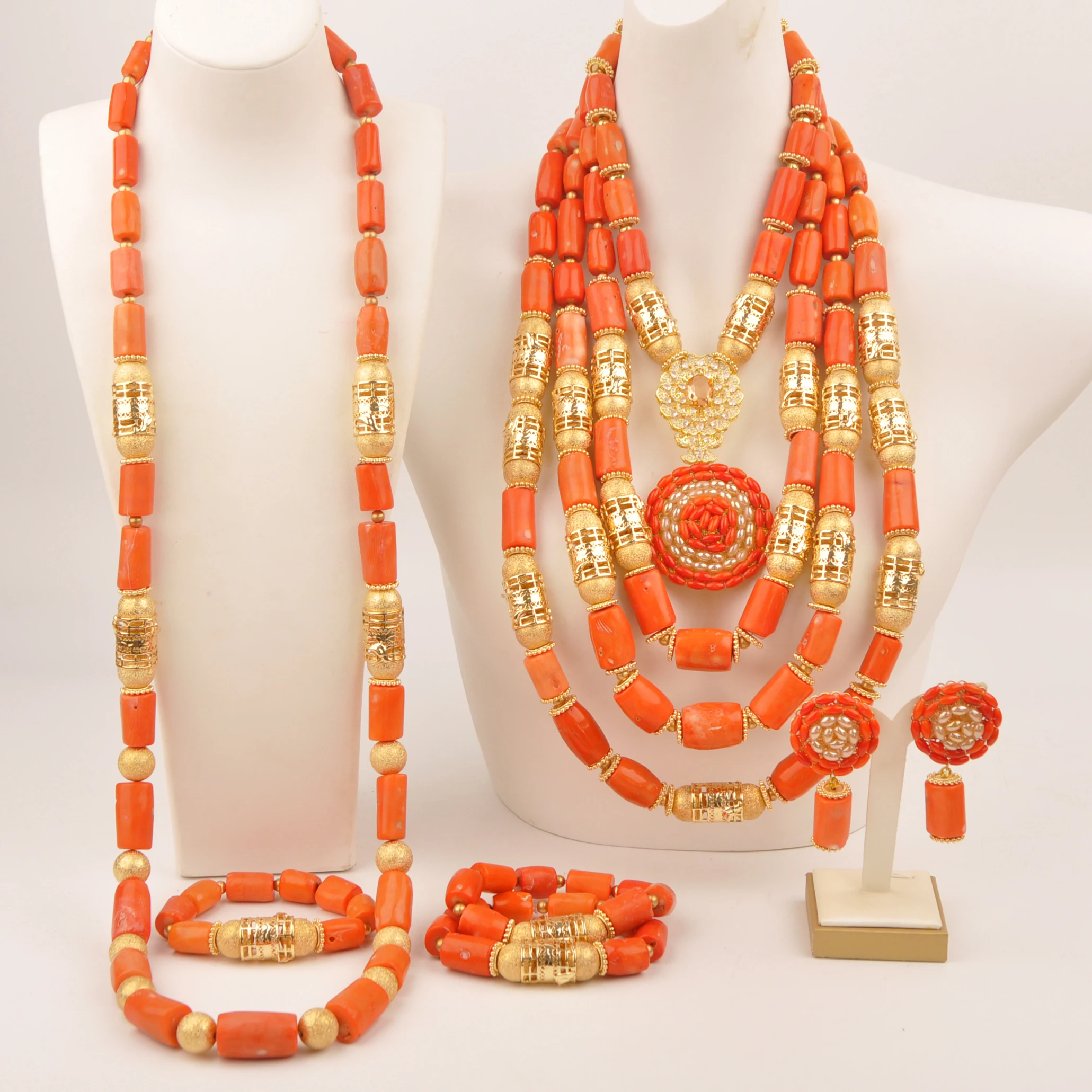 Luxury Nigerian wedding set original orange coral beads jewelry set for couple