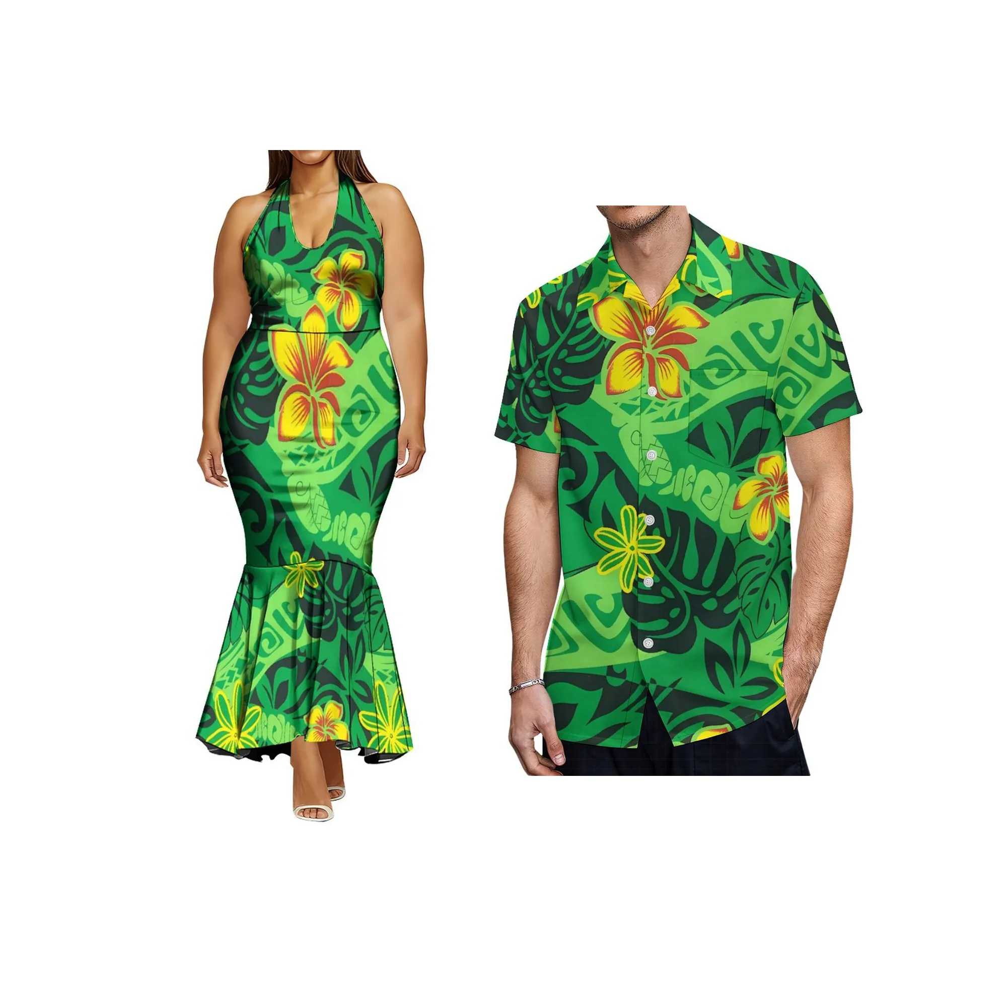 

Женское платье без рукавов «рыбий хвост» на заказ, гавайское полинезийское платье на шнуровке с боковой молнией, мужская рубашка в стиле алоха, 2 шт.