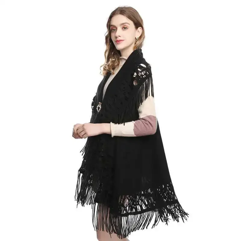 Spring Autumn New Women Loose Tassel Sweater Multi-purpose Scarf Cardigan Thin Jacquard Shawl Coat Lady Cloak Black